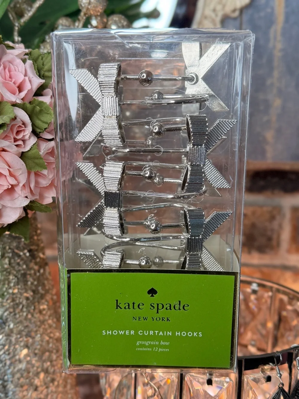 NEW in BOX ♠️ kate spade 12 Silver Grosgrain Bow Shower Curtain Hooks Curtains
